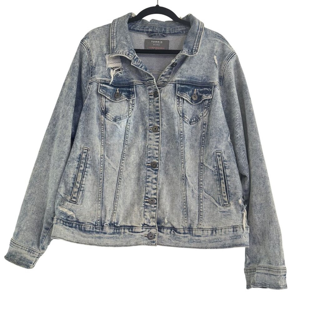 Torrid Destructed Denim Jean Jacket Womens Light Wash Trucker Distress Size 3X